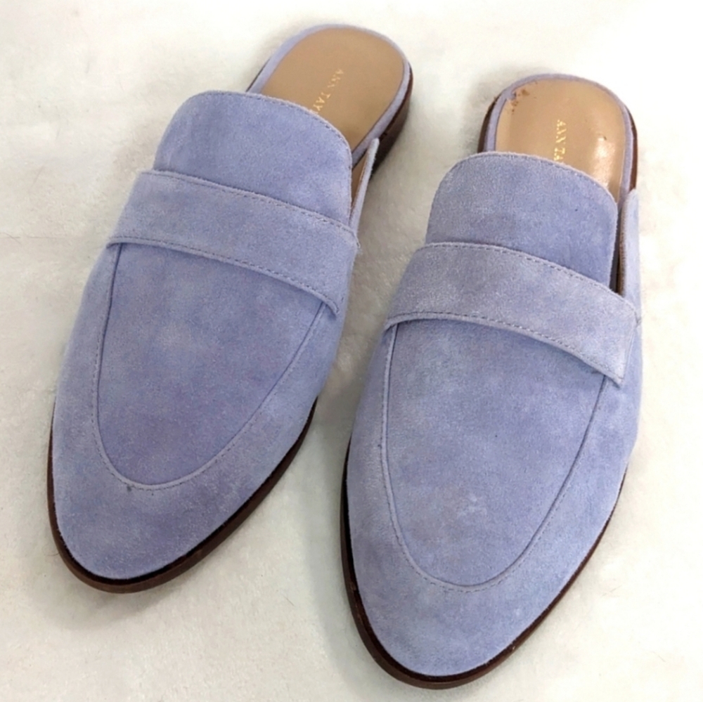 Ann Taylor Sky Blue Genuine Leather Suede Penny Loafer Slip On Mules